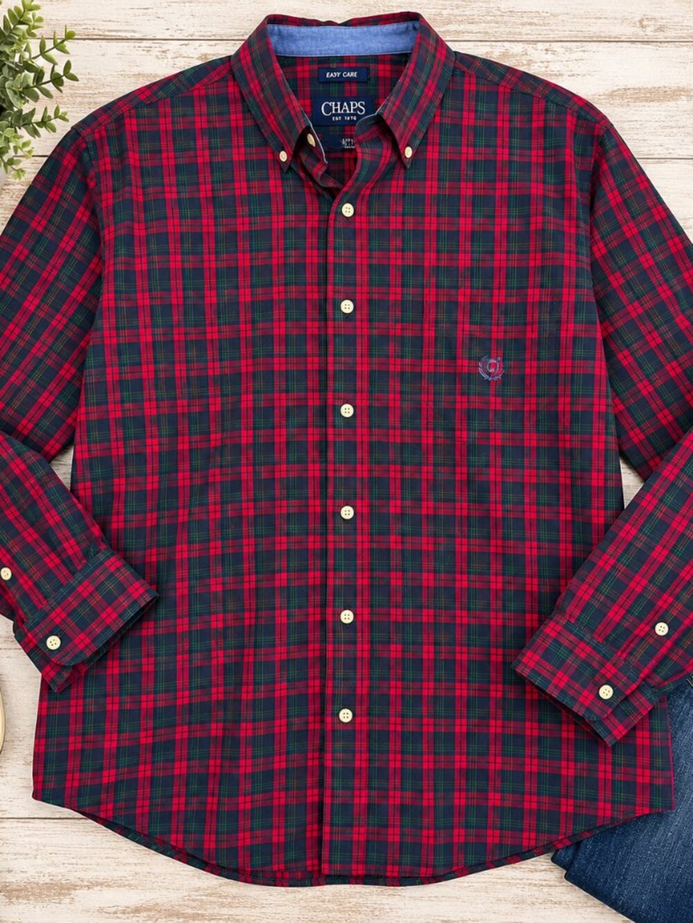 Chaps Men's XXL Red Green Navy Plaid Long Sleeve Button Down Shirt